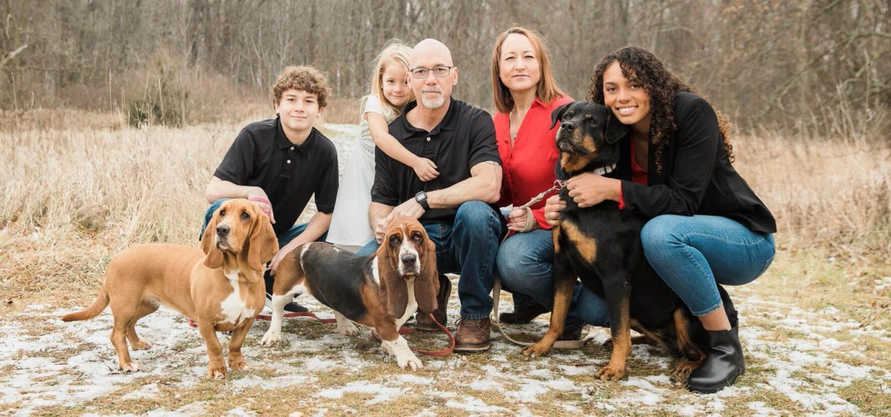 Header image displaying family and dogs